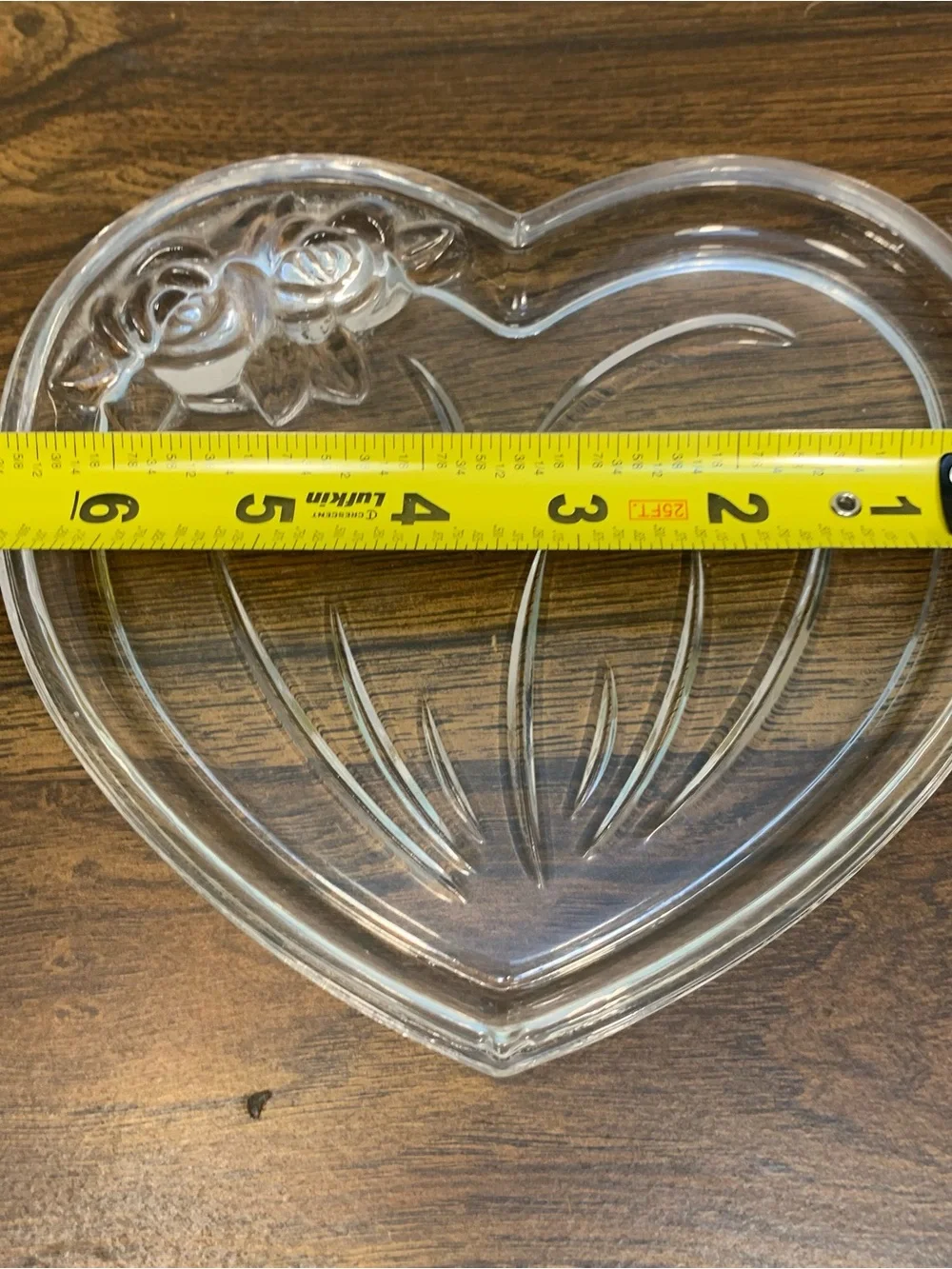 Glass Heart-Shaped Trinket Dish Ring Tray 6x6 Etched Roses Elegant Glassware